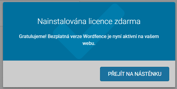 Hotovo, instalace FREE licence Wordfence dokončena