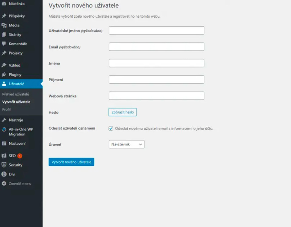 Formulář pro vytvoření nového uživatele ve WordPress.