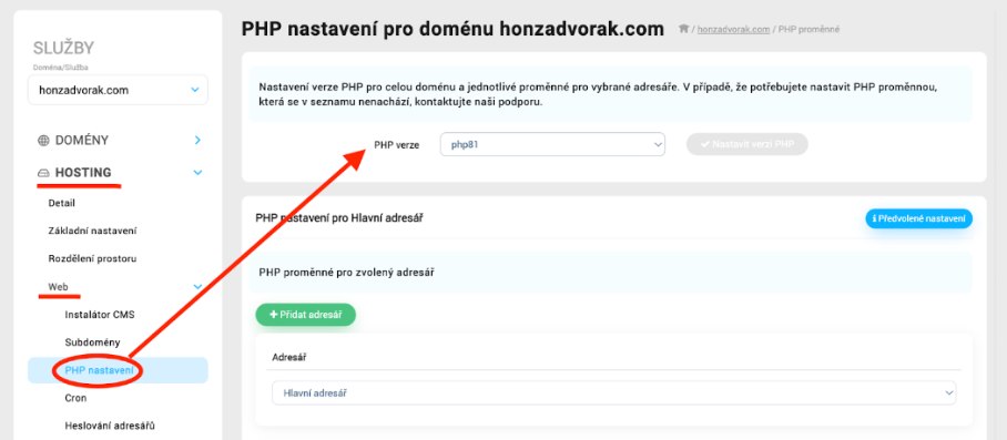 Nastavení PHP ve WebAdminu