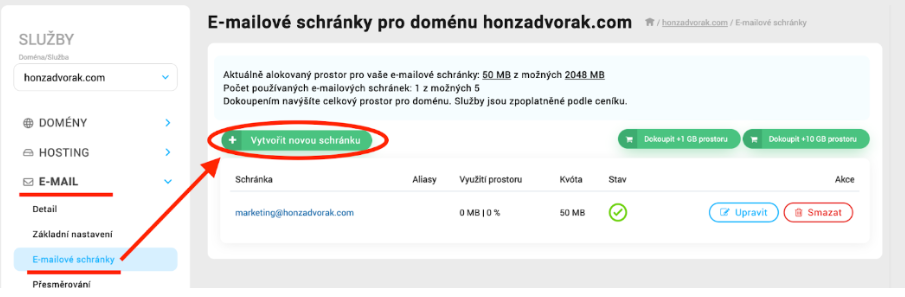 Vytvoření e-mailové schránky ve WebAdminu