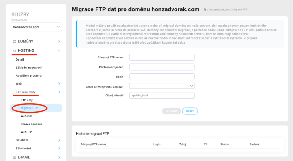 Migrace webu přes FTP