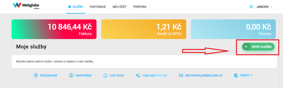 Objednávka nové služby ve Webglobe WebAdminu