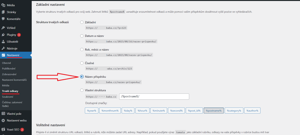 Nastavení struktury trvalých odkazů ve WordPressu