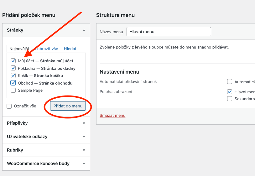 Přidání položek do menu WordPress