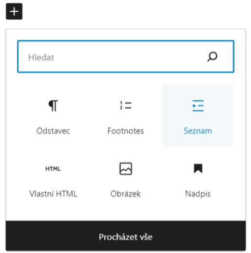 Výběr bloku odrážkového seznamu v Gutenberg editoru WordPress
