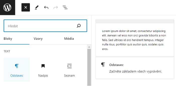 Výběr textového bloku v Gutenberg editoru WordPress