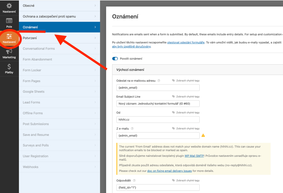Nastavení oznámení WPforms