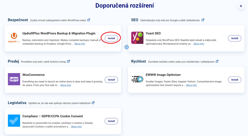 Na obrázku nástěnka s plugin boxy s tlačítky pro instalaci a aktivaci UpdraftPlus