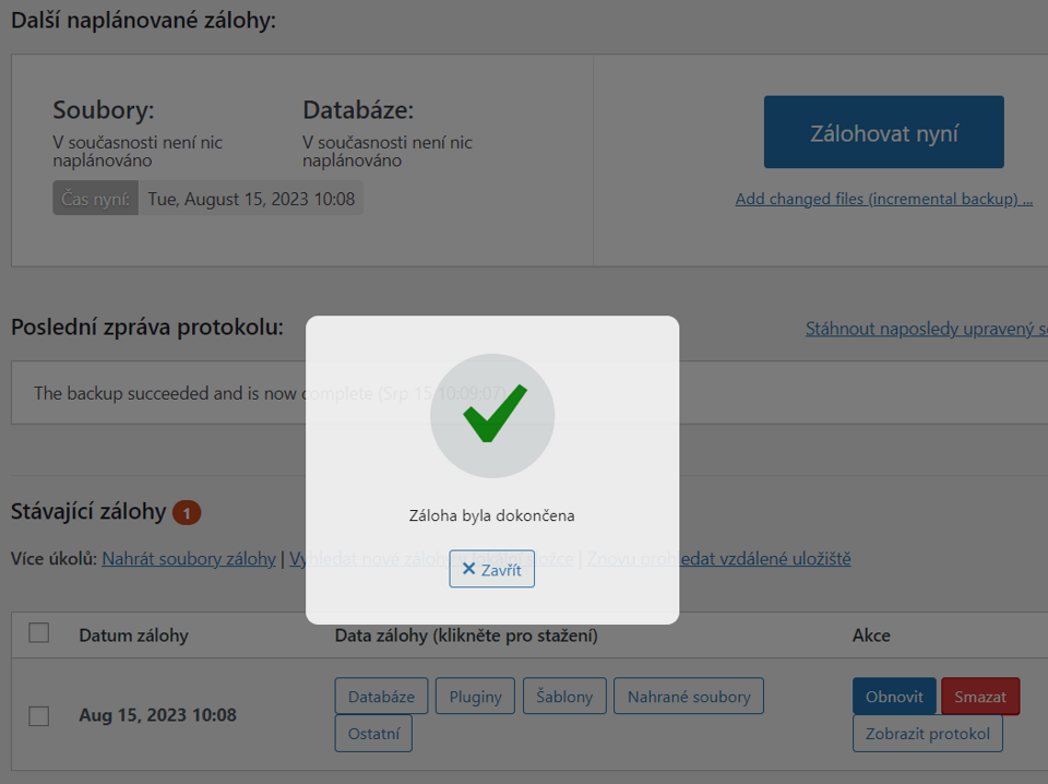 Plugin UpdraftPlus WordPress Backup úspěšně zálohováno