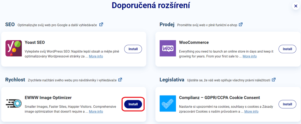 Na obrázku nástěnka s plugin boxy s tlačítky pro instalaci a aktivaci EWWW Image optimizeru