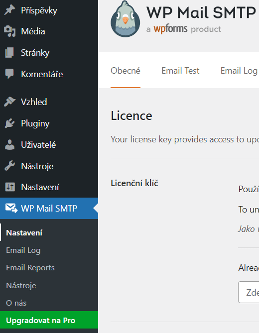 Menu pluginu WP Mail SMTP a přechod do Nastavení