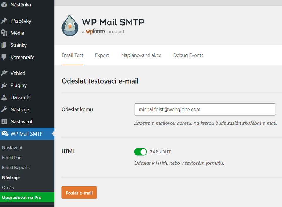 Otestování správnosti nastavení SMTP serveru pro plugin