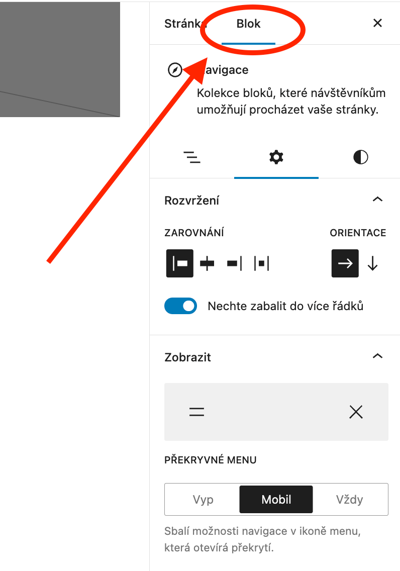 Změna nastavení bloku v editoru WordPress šablon
