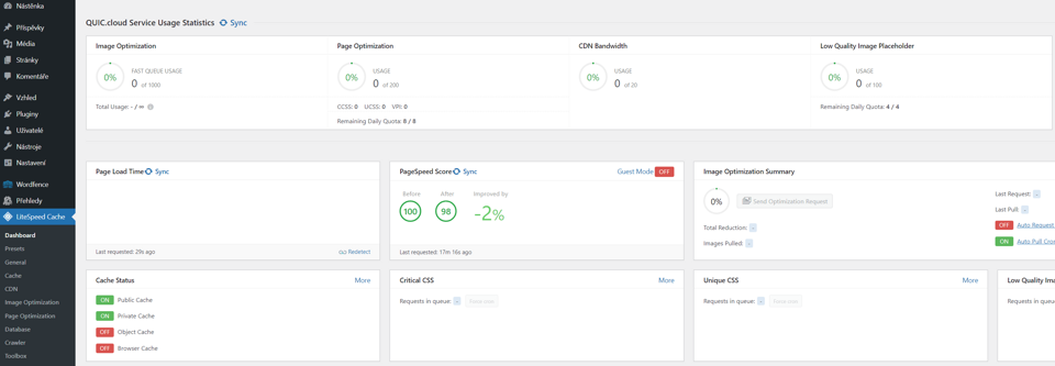 LiteSpeed Cache Plugin dashboard (nástěnka)