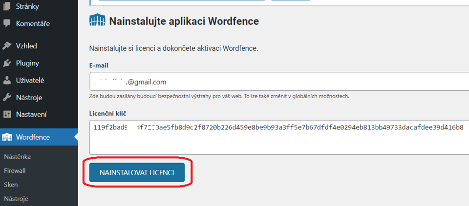 Instalace free verze licence Wordfence v adminu WordPressu