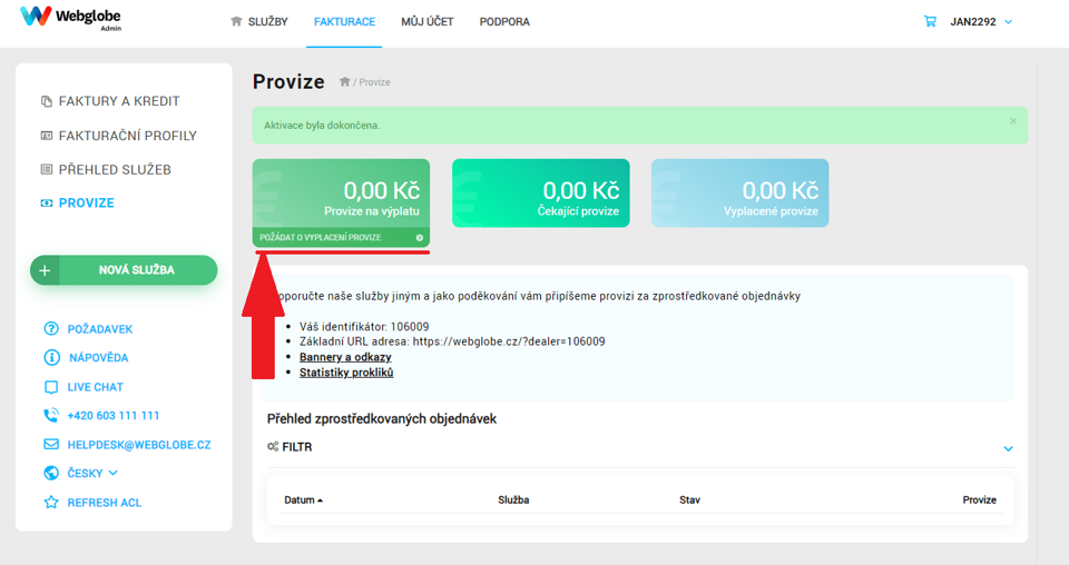 Vyplacení provize u Webglobe