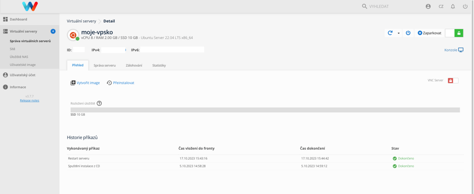 Záložka Detail serveru v VPS adminu Webglobe