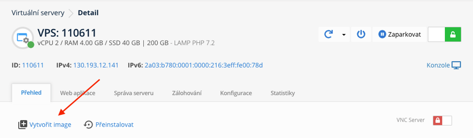 Vytváření image ve VPS adminu