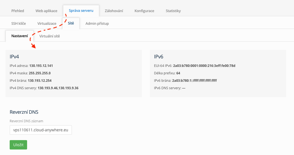 Síťové nastavení a IP adresa VPS