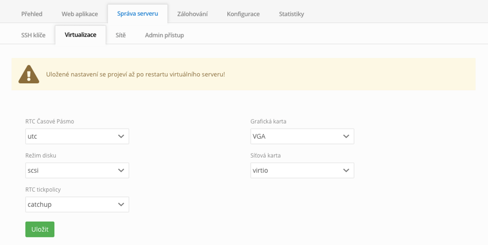 Nastavení parametrů virtualizace ve VPS adminu Webglobe