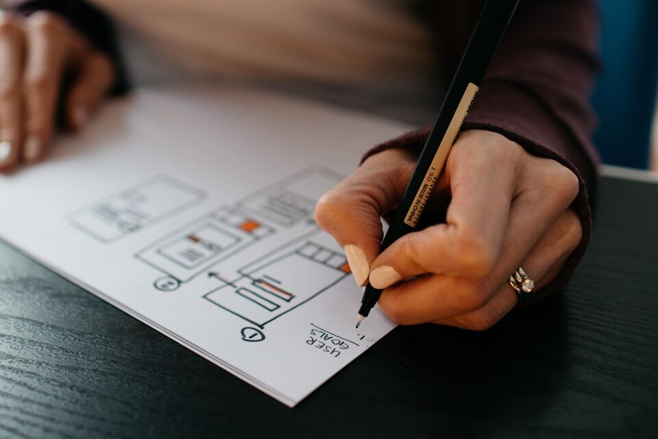 UX designérka kreslí wireframe webové stránky