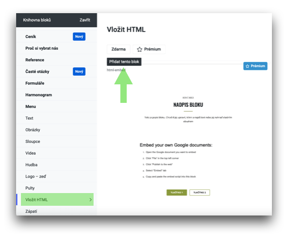 Postup vložení HTML kódu Google dokumentů v Knihovně bloků WebEditoru.