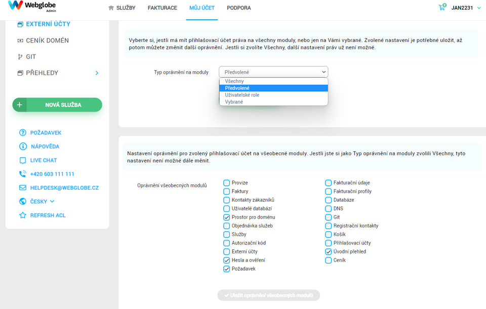 Oprávnění pro externí účet ve WebAdminu