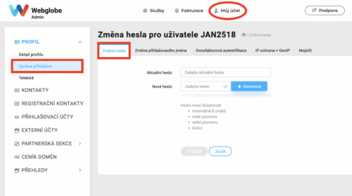 Změna hesla ve Webglobe Administraci (WebAdmin)