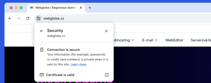 Web Webglobe je chráněn SSL cetifikátem
