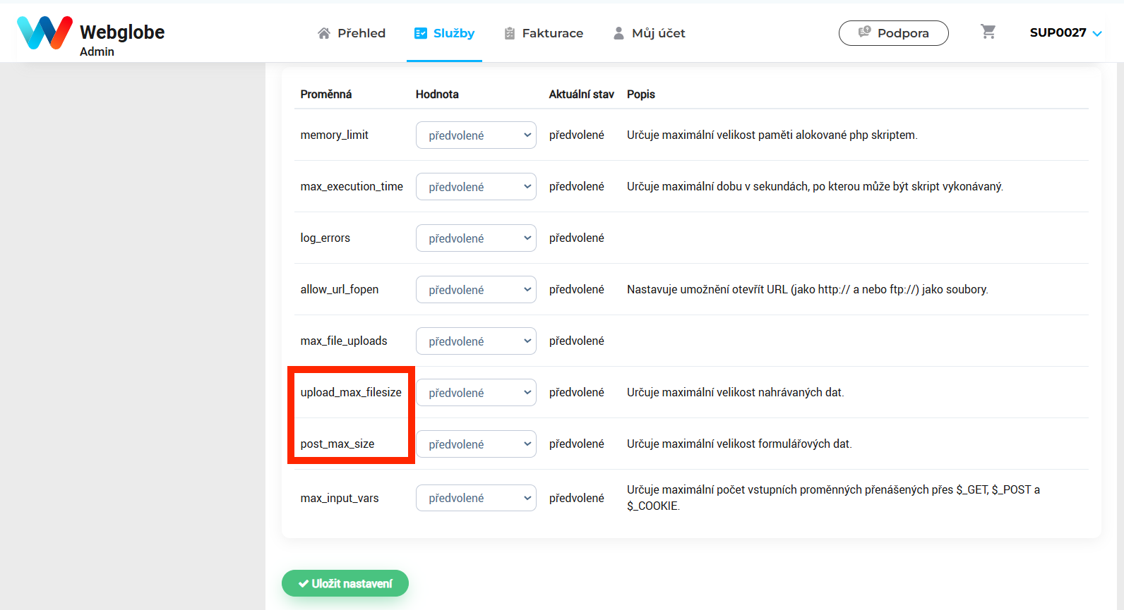 Změna upload_max_filesize a post_max_size pro webhosting